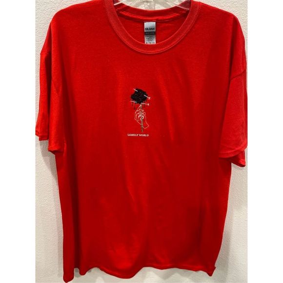 Unbranded Other - Men's XL Red T-Shirt "Lonely World" Embroidered Graphic Casual Top NWOT